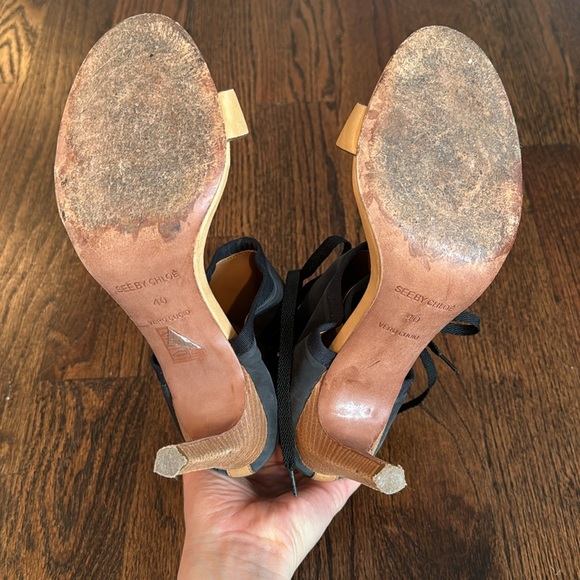 SEE BY CHLOE Black and Tan Suede and Leather Heels - Picture 8 of 11